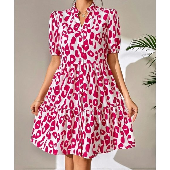 Pink Boho Leopard Print Button Through Puff Sleeve Dress - Picture 4 of 5